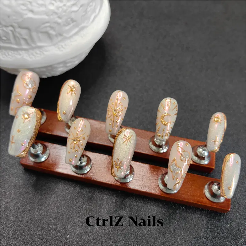 Celestial Press On Nails - Galaxy Holographic Stars Handmade Fake Nails