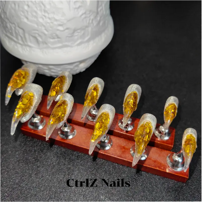 Halloween Press On Nails - Glitter Gold Eagle Claw Fake Nails Set, Witchy Horror Style