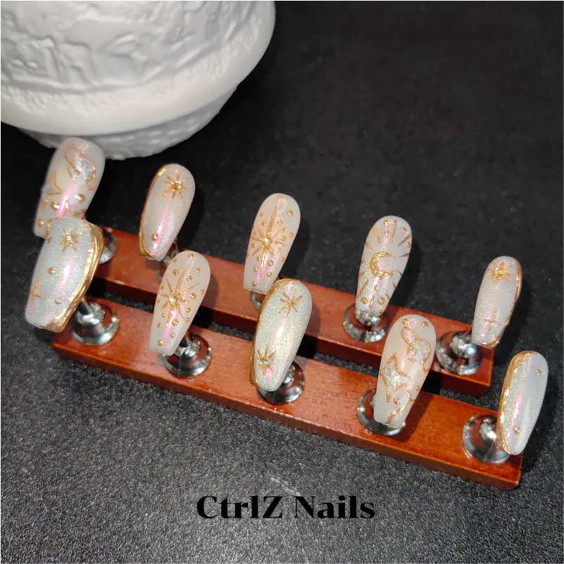 Celestial Press On Nails - Galaxy Holographic Stars Handmade Fake Nails