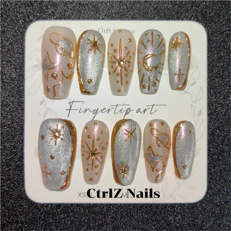 Celestial Press On Nails - Galaxy Holographic Stars Handmade Fake Nails