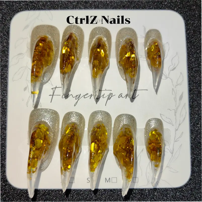 Halloween Press On Nails - Glitter Gold Eagle Claw Fake Nails Set, Witchy Horror Style