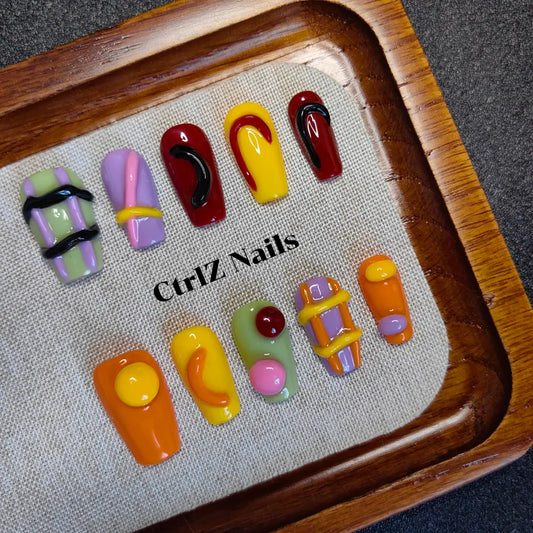 3D Dopamine Candy Clash Press On Nails - Handmade Color Block Glitter False Nails with Sculpted Design