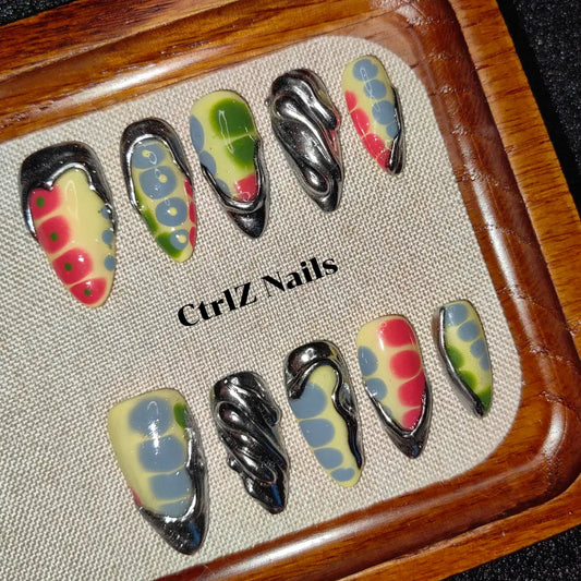 Metallic Crocodile Press On Nails - 3D Textured Handmade Fake Nails Gold Silver