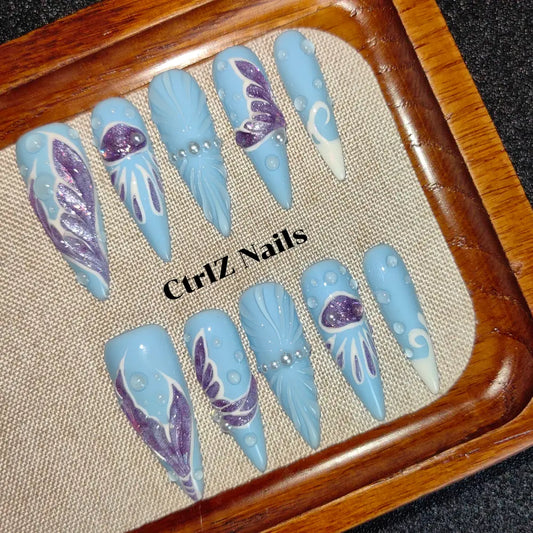 Handmade Mermaid Waves Press On Nails - Blue Ombre Glitter Acrylic Fake Nails