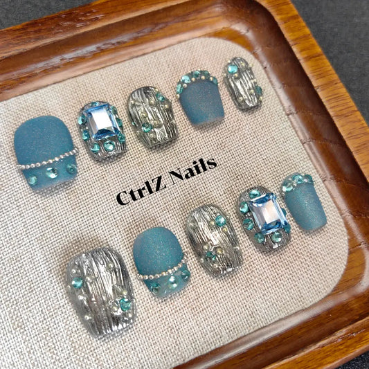 Chrome Press On Nails - Iridescent Sapphire Blue Handmade Fake Nails