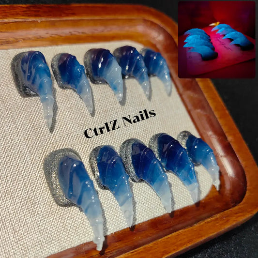 Handmade Halloween Glow in The Dark Press On Nails - Neon Frost Eagle Claw Design with UV Reactive & Icy Sparkle