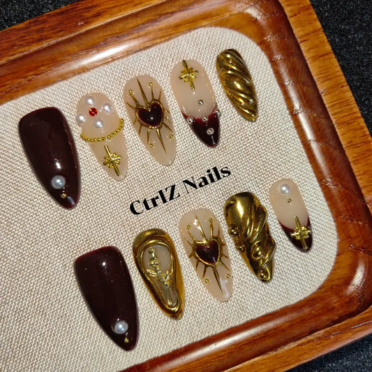 Golden Hex Rose Press On Nails - Handmade 3D Floral False Nails with Metallic Geometric Design