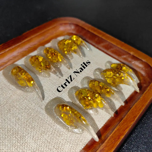 Halloween Press On Nails - Glitter Gold Eagle Claw Fake Nails Set, Witchy Horror Style