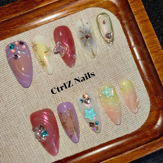 Summer Press On Nails - Beach Vibes Gradient Glow Handmade Fake Nails