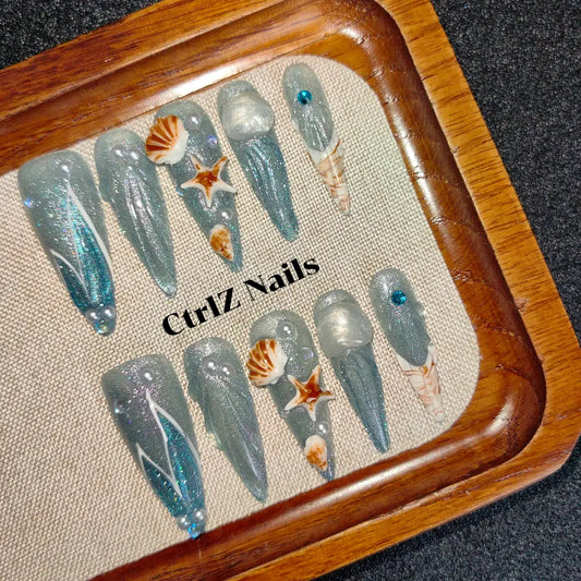 Handcrafted Dreamy Shell Press On Nails - Elegant Mermaid Style Fake Nails for Summer