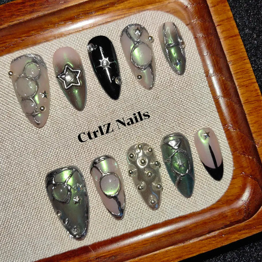 Silver Chrome Press On Nails – Mirror Shine Glow in the Dark Nail Designs for Salon & Nail Art Lovers | Handmade Fake Nails Set