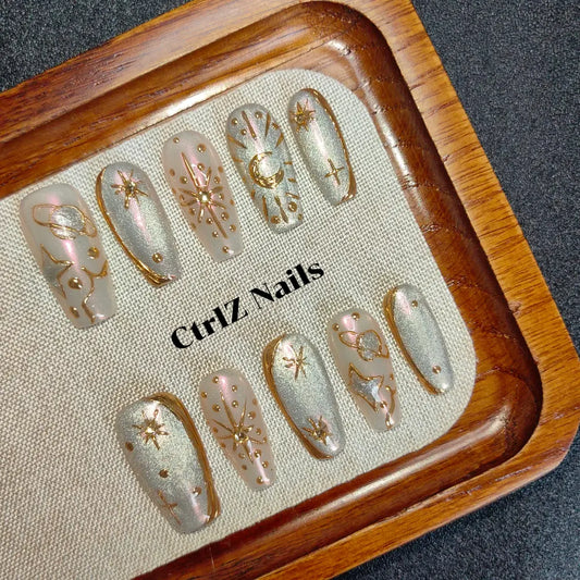 Celestial Press On Nails - Galaxy Holographic Stars Handmade Fake Nails