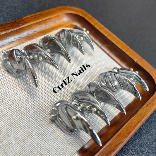 Halloween Press On Nails - Dark Chrome Silver Werewolf Claws, Sharp Metallic Fake Nails