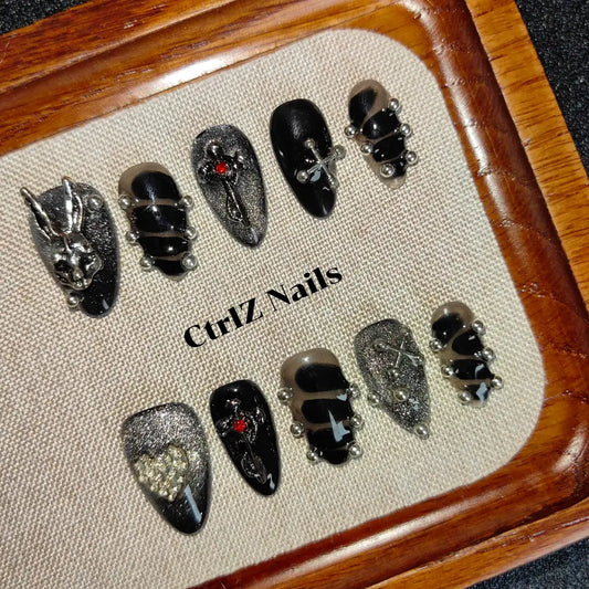 Y2K Press On Nails - Gothic Bunny Cross Design Long Lasting Fake Nails