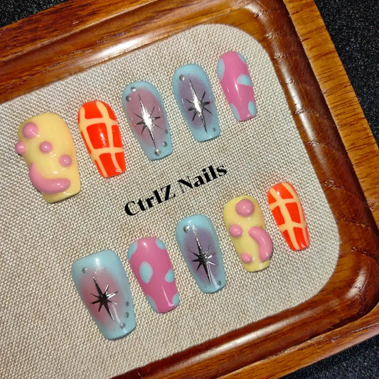 3D Dopamine Rainbow Press On Nails - Handmade Color-Clash False Nails with Unique Design