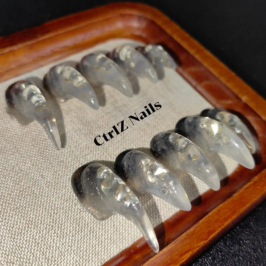 Halloween Press On Nails - Icy Shimmer Dragon Scale Claws, Long Pointed Fake Nails