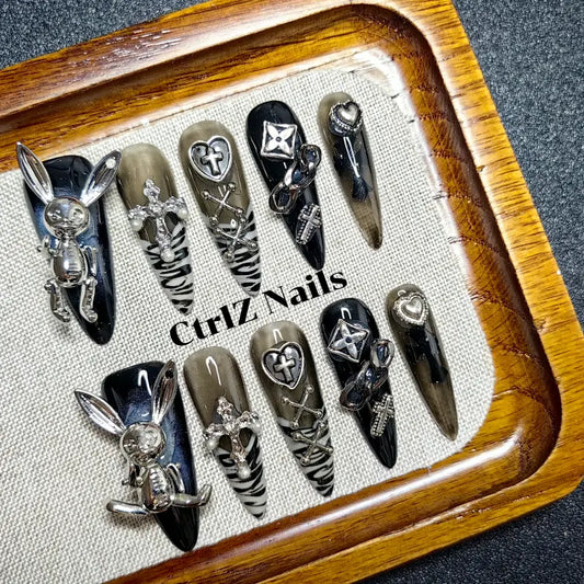 hand-painted grunge bunny fake nails with gothic rabbit charm