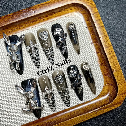 sweet grunge bunny press-on nails black with metal rabbit charm