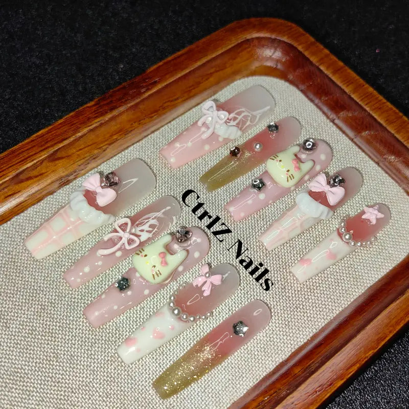 Handmade Sweetheart Kitty Press-On Nails