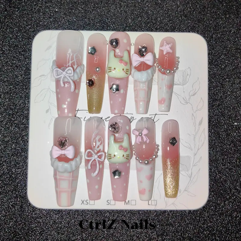 Handmade Sweetheart Kitty Press-On Nails