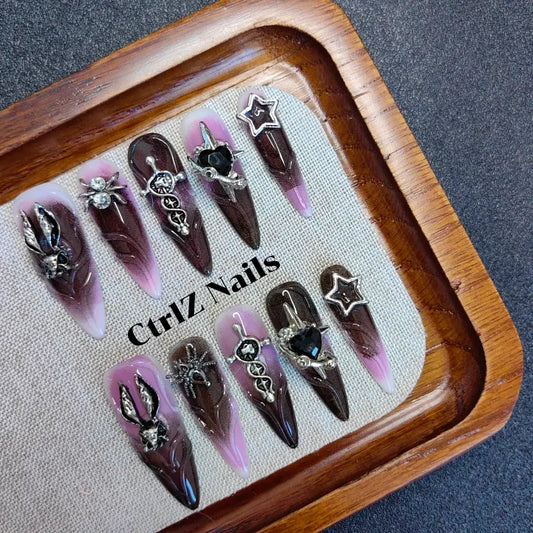 Pink Baddie press on nails with dark handmade gothic details
