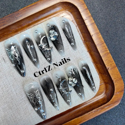 Dark Butterfly press on nails with detailed handmade gothic butterfly accents