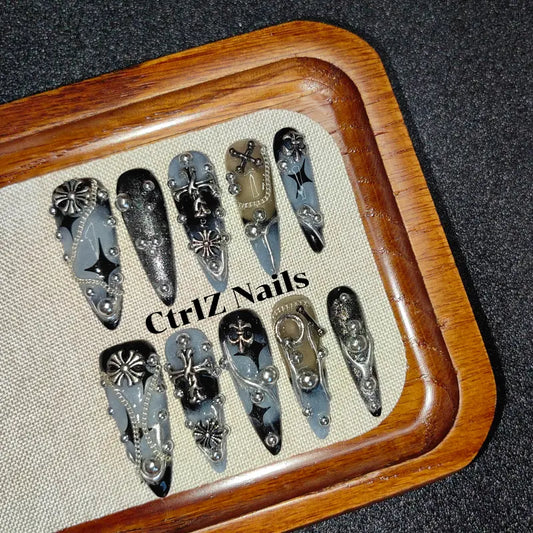 Cross Studs press on nails with bold handmade cross and stud details