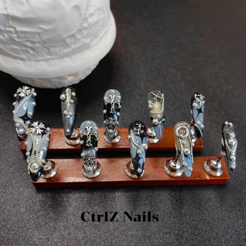 Handmade Cross & Studs Press-On Nails