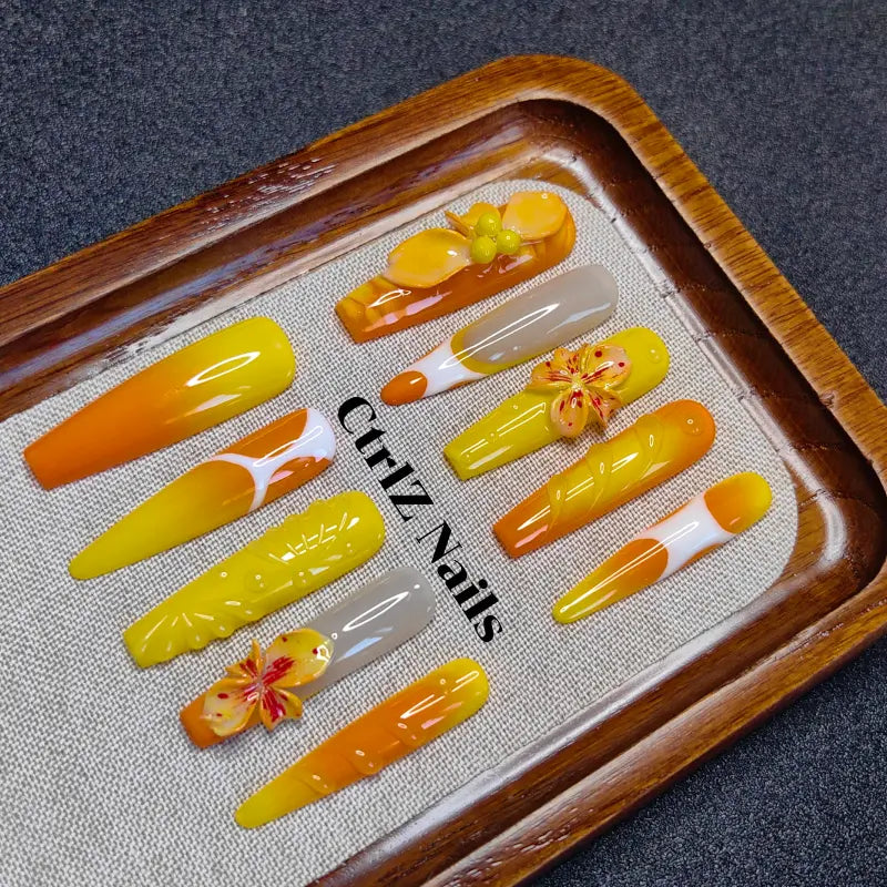 Handmade |  Peach Ombré 3D Floral Press-On Nails