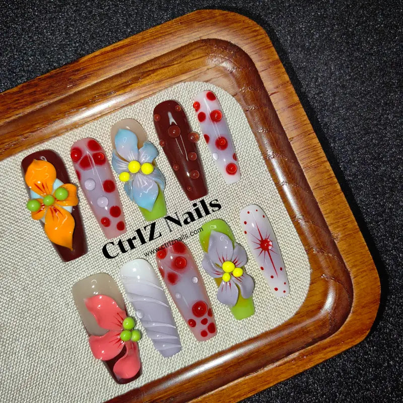 Handmade Press-On Nails: Premium 3D Carved Tropical Floral