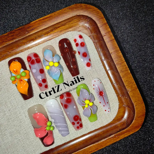 Premium 3D Carved Tropical Floral press on nails with intricate handmade details