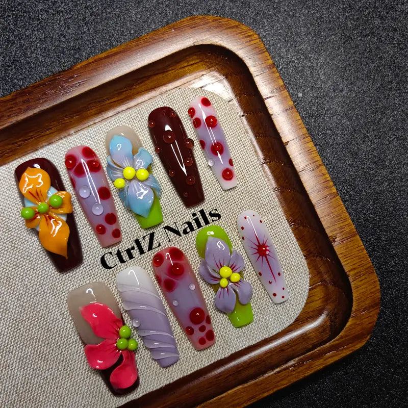 Handmade Press-On Nails: Premium 3D Carved Tropical Floral