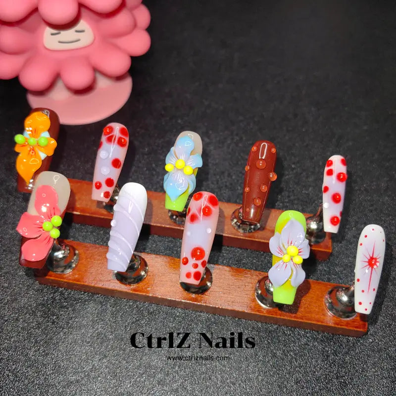 Handmade Press-On Nails: Premium 3D Carved Tropical Floral