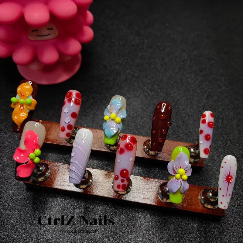 Handmade Press-On Nails: Premium 3D Carved Tropical Floral