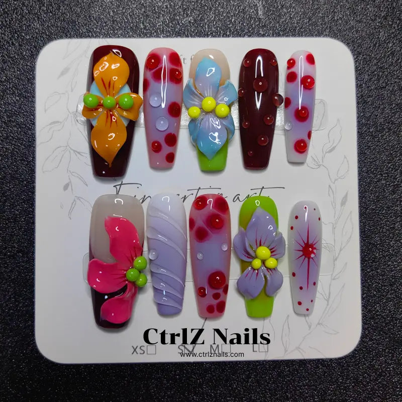 Handmade Press-On Nails: Premium 3D Carved Tropical Floral