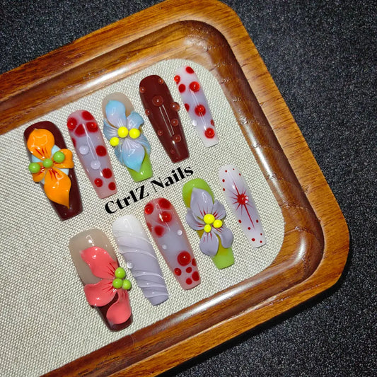 Handmade Press-On Nails: Premium 3D Carved Tropical Floral