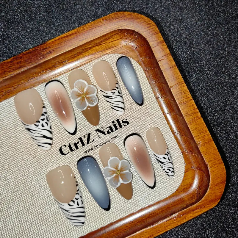 Handmade Press-On Nails: Chic 3D Carved Zebra Print