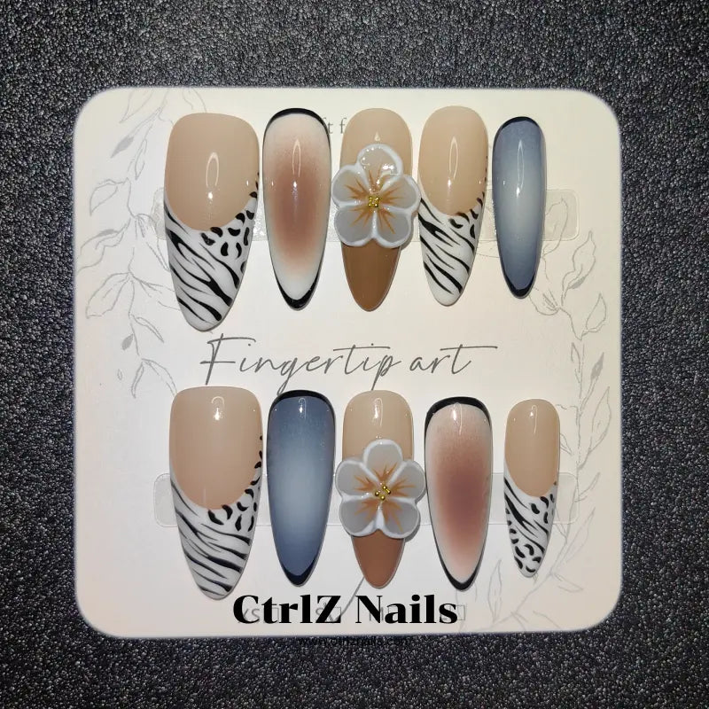 Handmade Press-On Nails: Chic 3D Carved Zebra Print