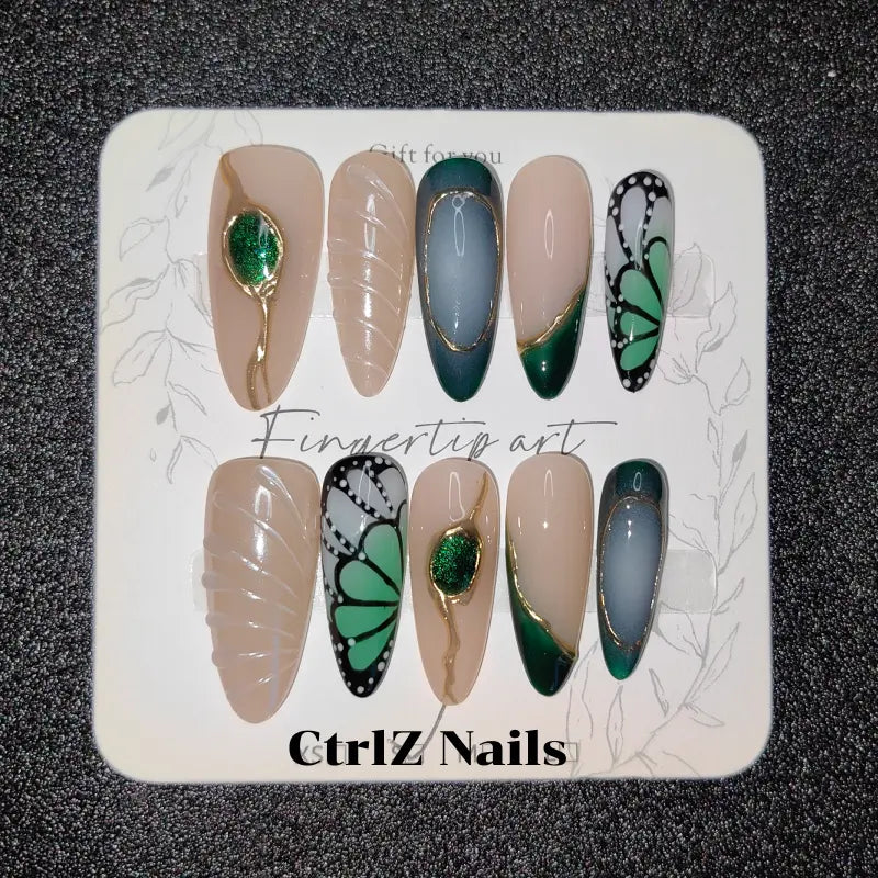 Handmade Press-On Nails: Luxe Green Cat's Eye