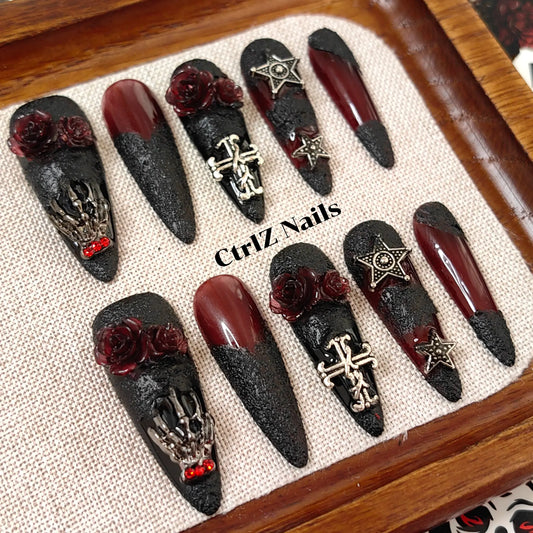 Handmade Stiletto Fake Nails Dark Gothic Witch Style with Edgy Blood Rose Artwork