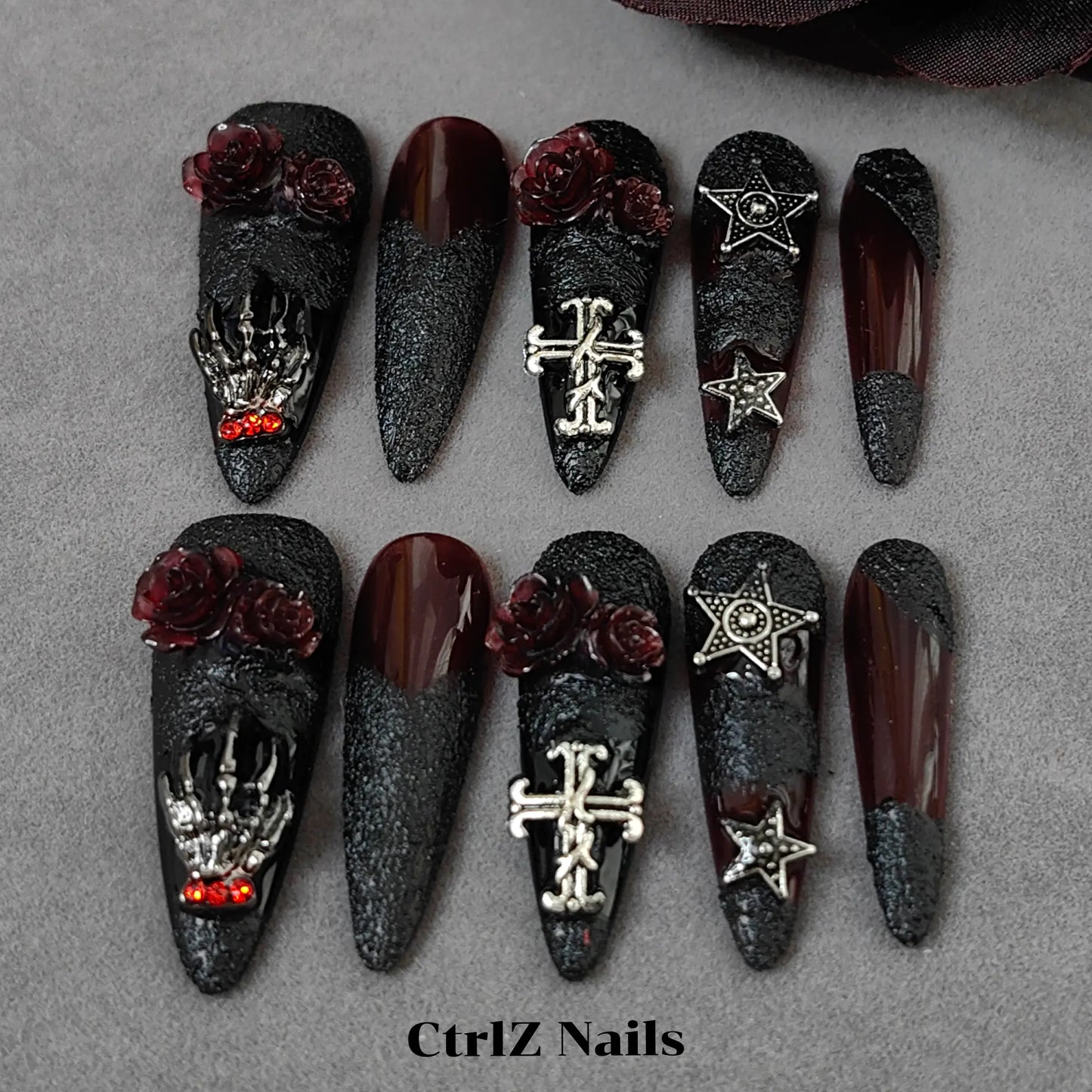 Close-Up Dark Rose Gothic Witch Stiletto Press On Nails Handmade for High Fashion