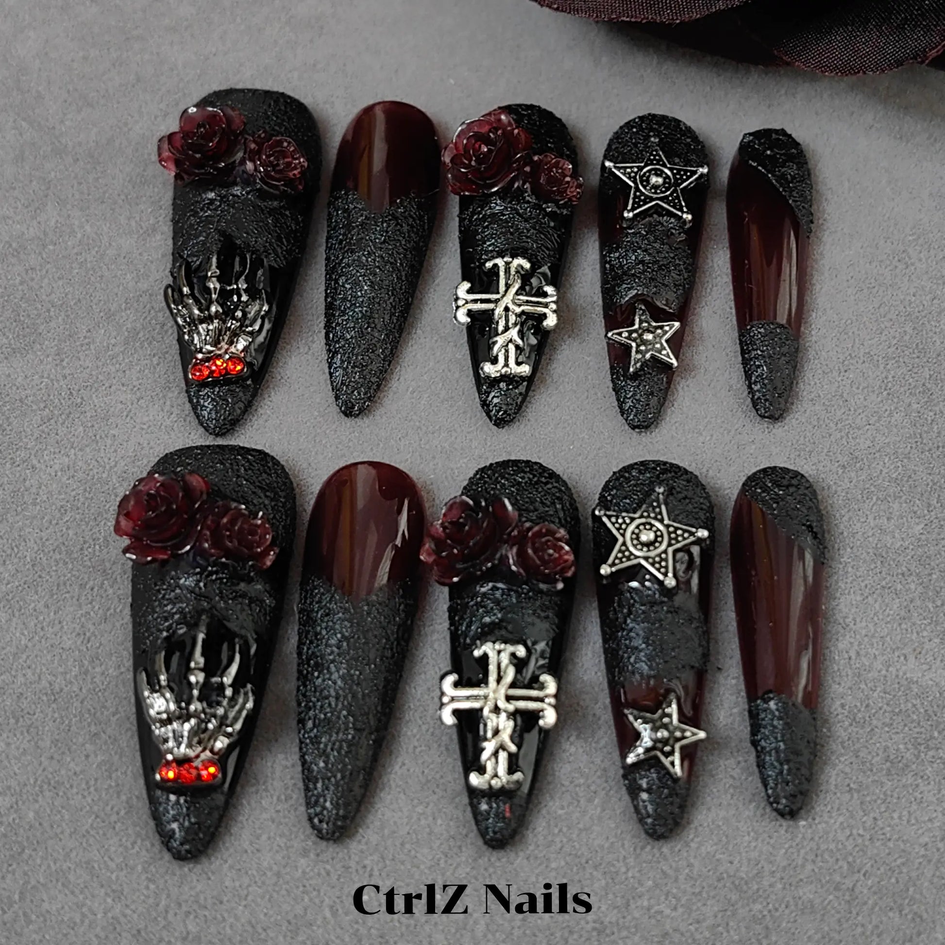 Close-Up Dark Rose Gothic Witch Stiletto Press On Nails Handmade for High Fashion