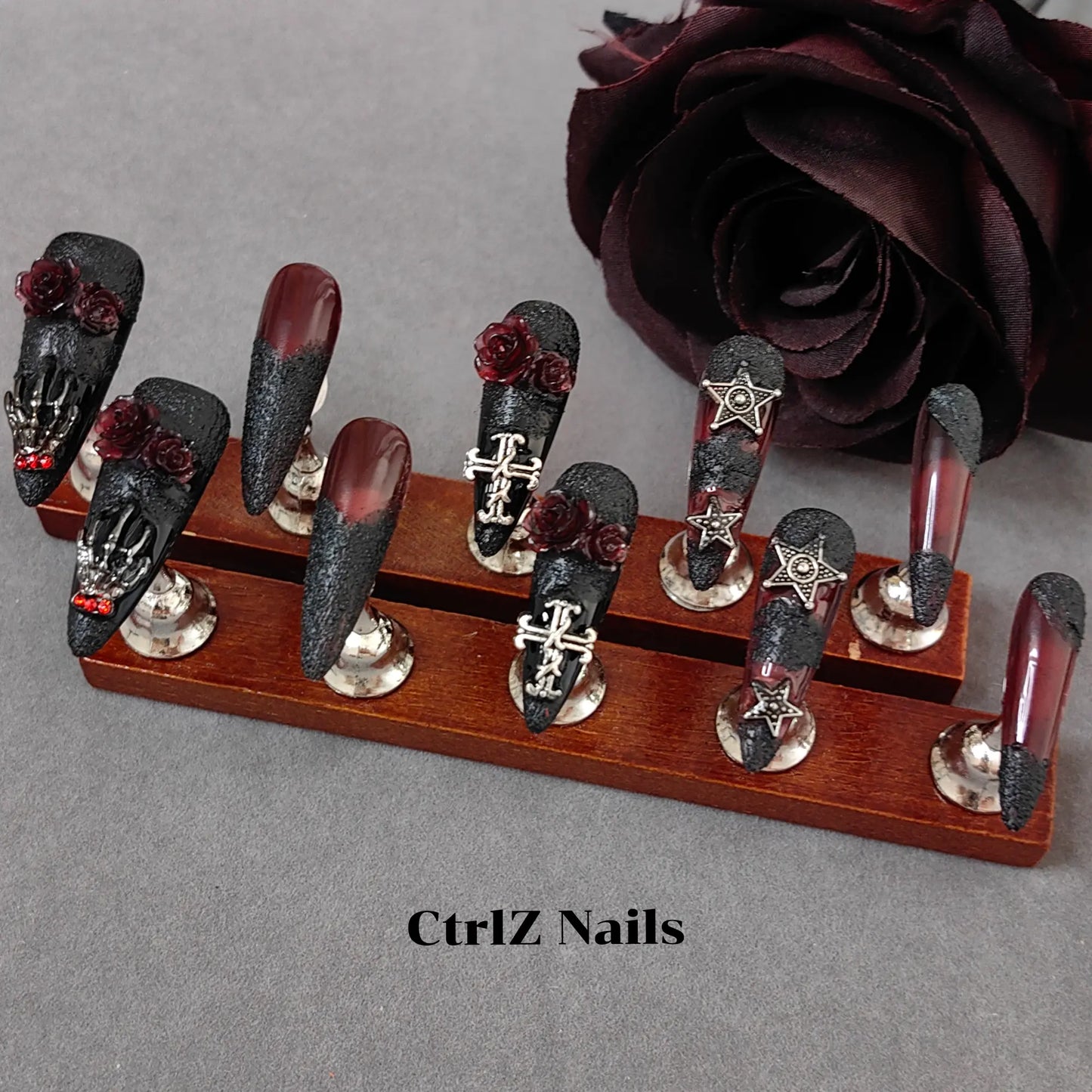 Long Stiletto Handmade Fake Nails Gothic Witch Blood Rose Design for Dramatic Look