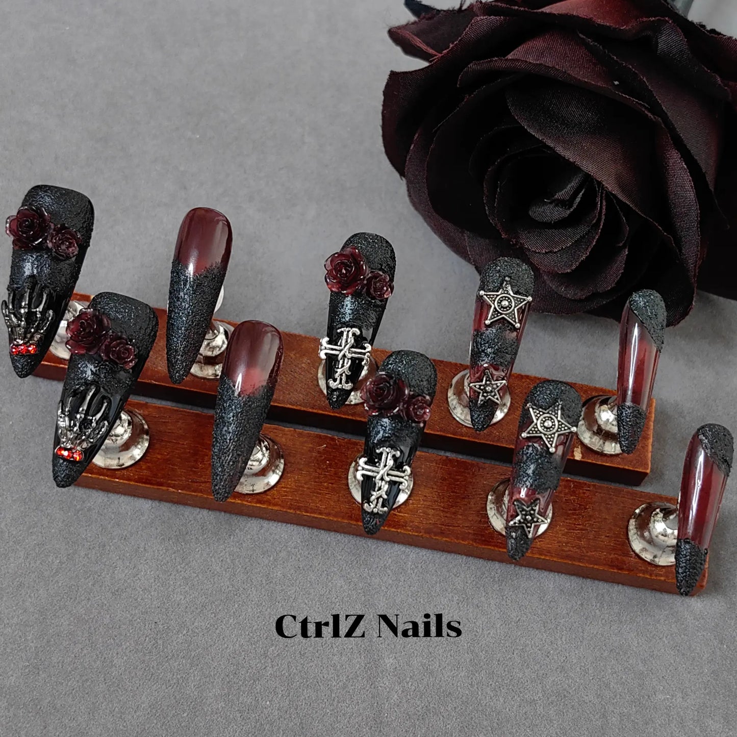 Dark Gothic Witch Press On Nails Stiletto Handmade with Bold Blood-Red Rose