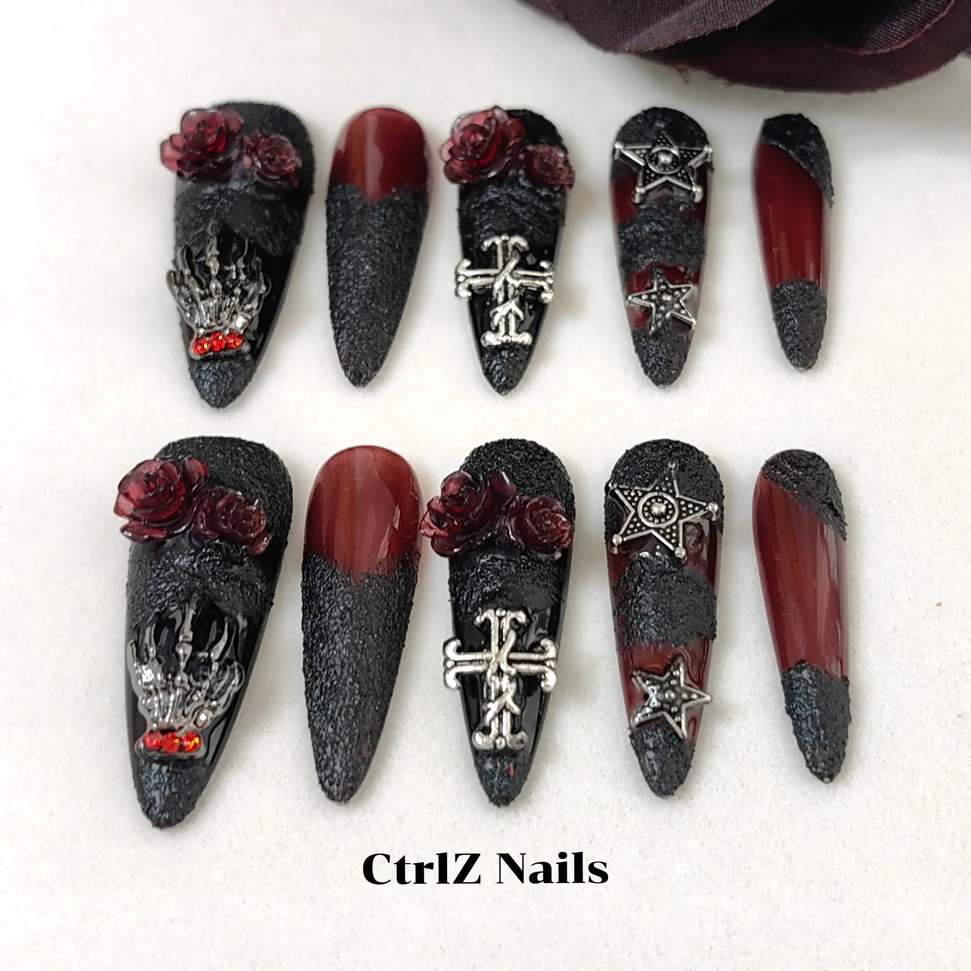 Hand-Painted Gothic Witch Stiletto Fake Nails Featuring Blood Rose Artwork