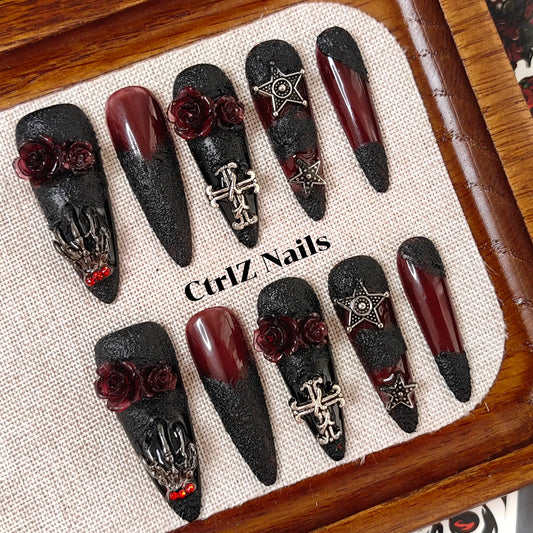 Gothic Witch Long Stiletto Press On Nails with Blood-Red Rose Handmade Design