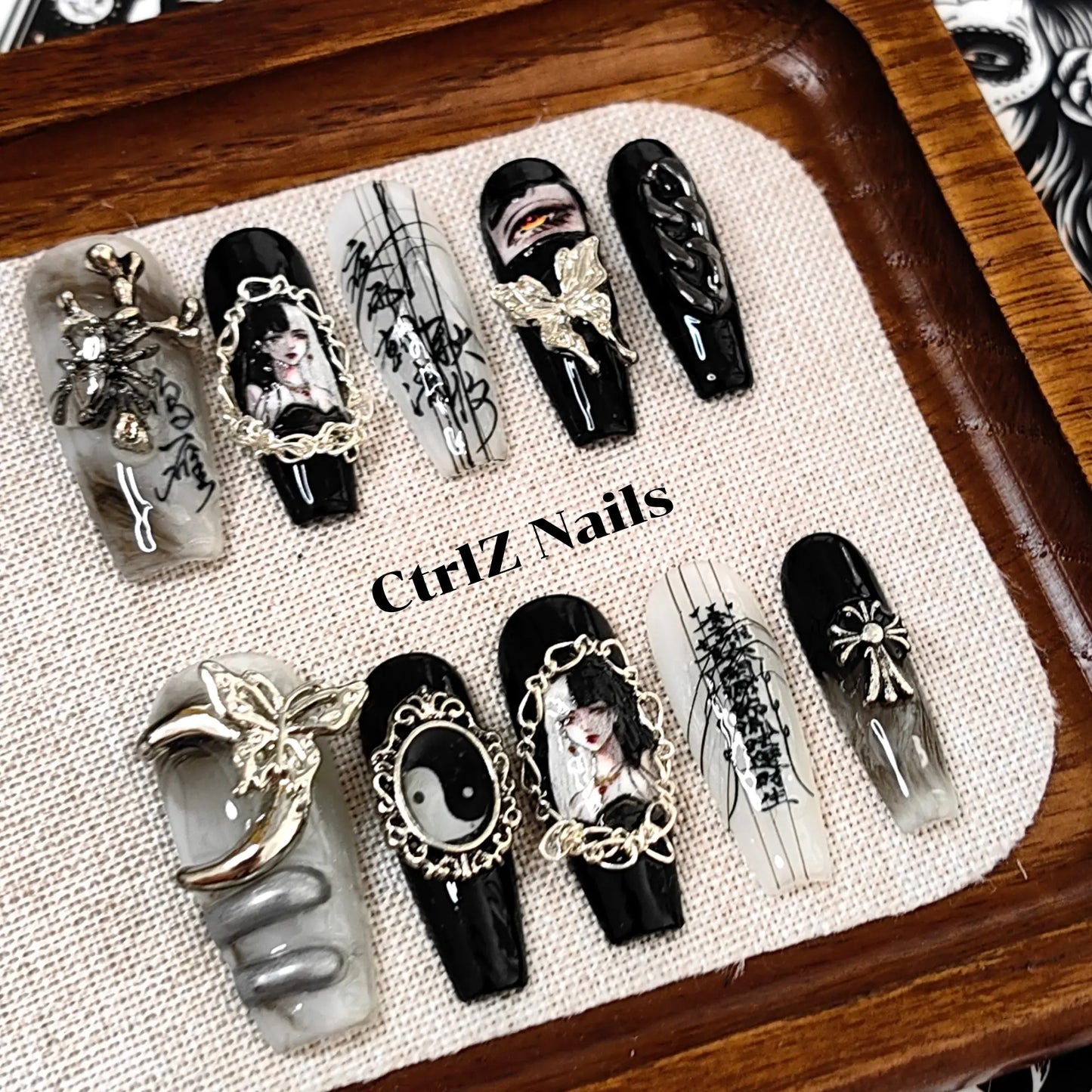 Gothic Comic Girl Long Coffin Press On Nails Handmade Fake Nails