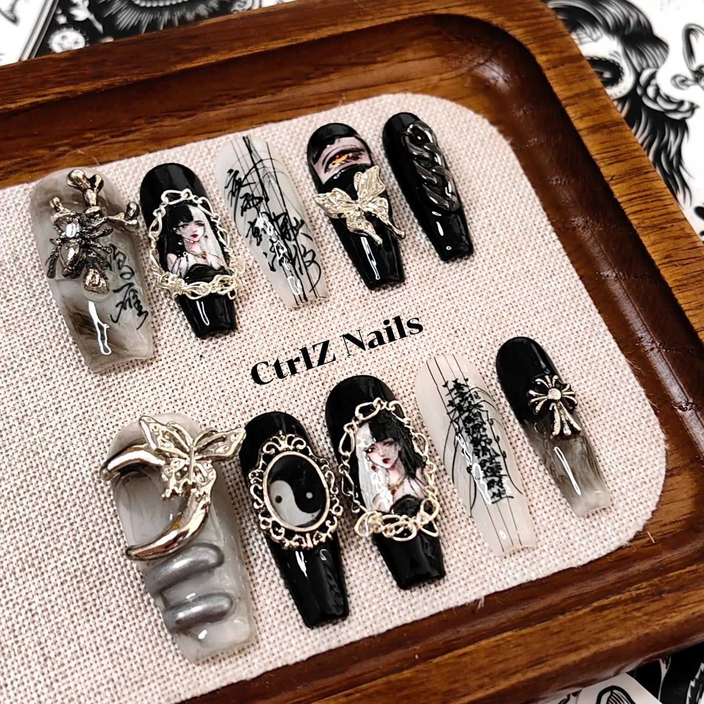 Handmade Long Coffin Fake Nails Dark Gothic Comic Girl Design