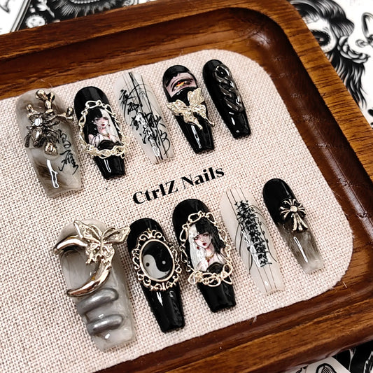 Handmade Long Coffin Fake Nails Dark Gothic Comic Girl Design