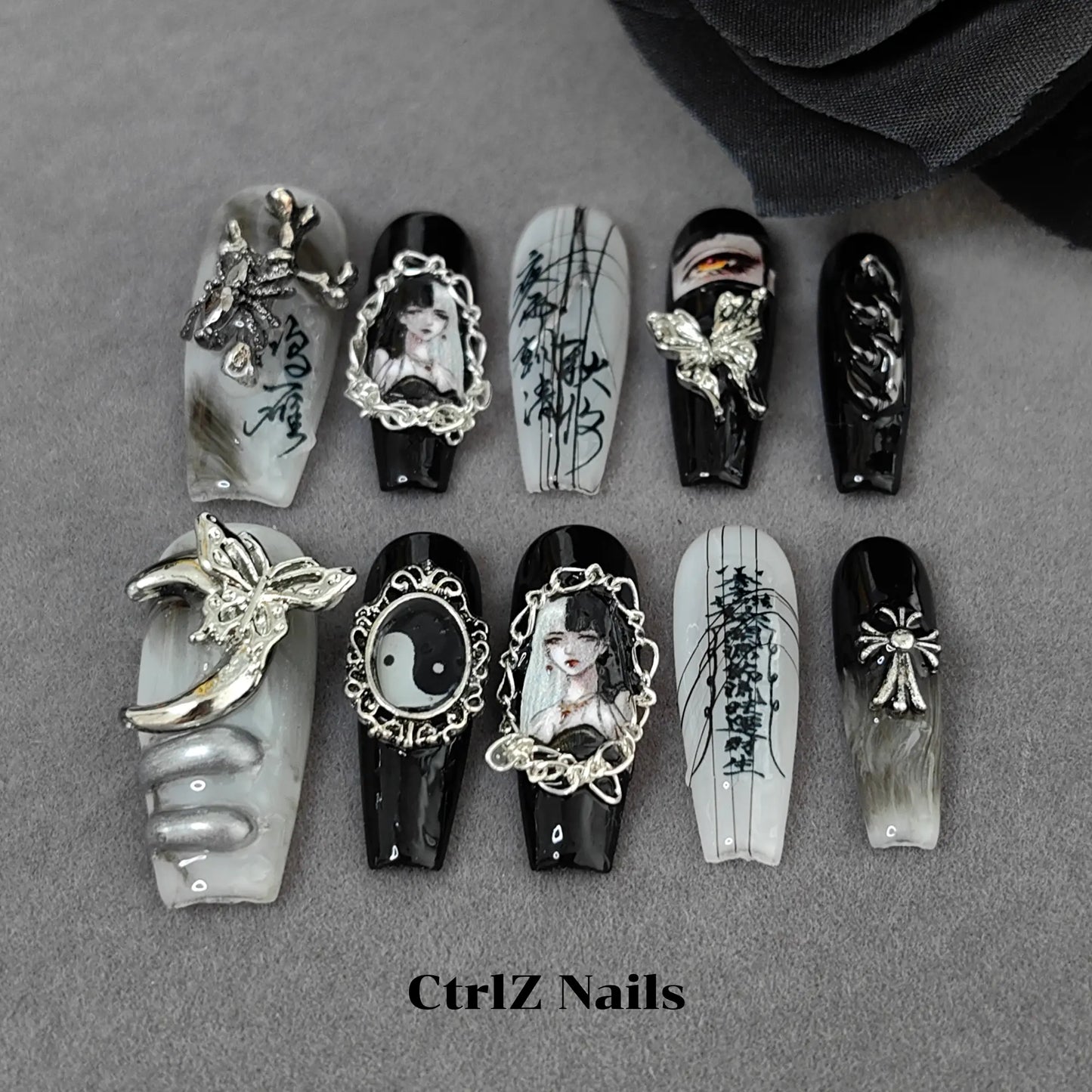 Close-Up Gothic Comic Girl Long Coffin Press On Nails Handmade